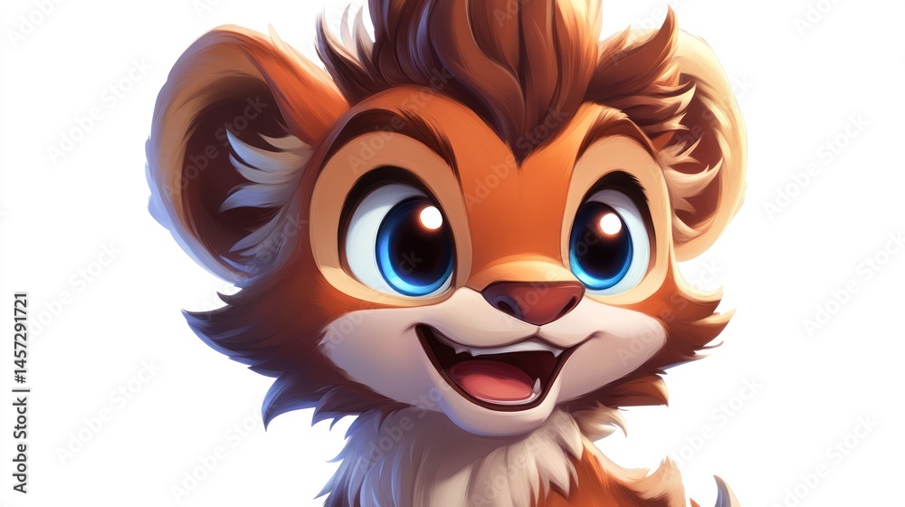 Adorable cartoon cub with fur, bright eyes, charming smile, on white background