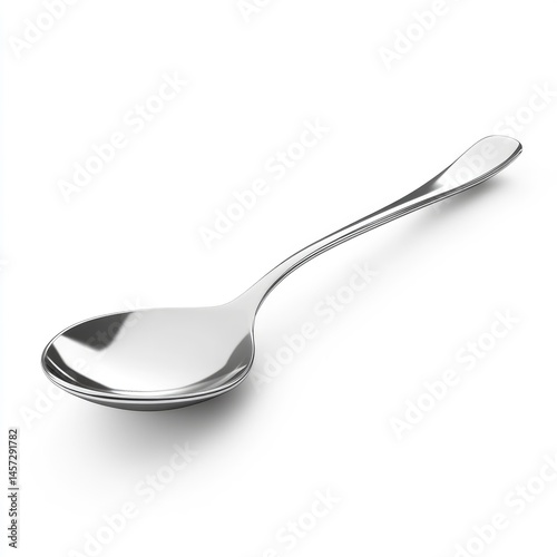 Polished stainless steel spoon angled on a white background.