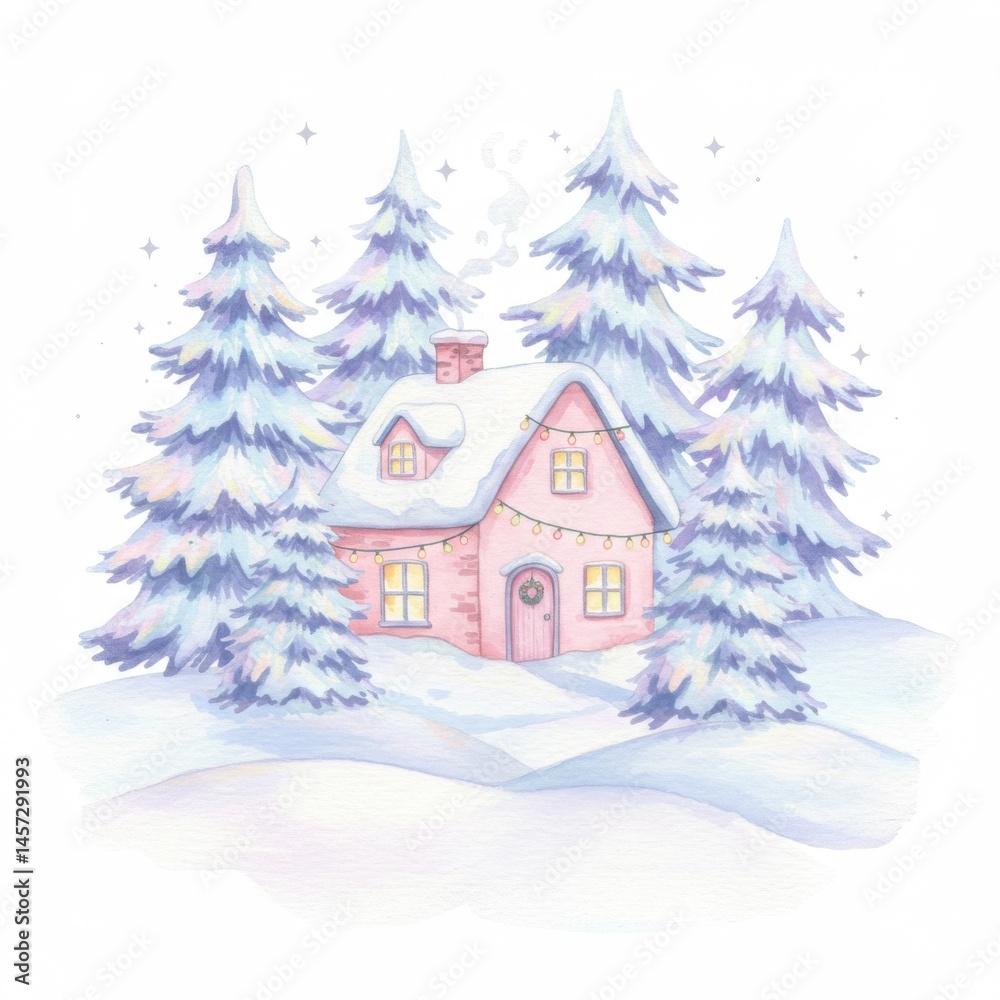 Naklejka premium Pink Cottage in Snowy Winter Wonderland