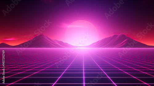 Futuristic Retro Synthwave Sunset with Neon Grid and Glowing Mountains photo
