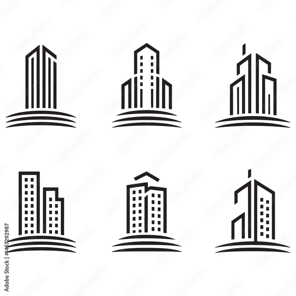 Fototapeta premium Modern Real Estate Building Icons Set, Minimalist Urban Architecture Logos