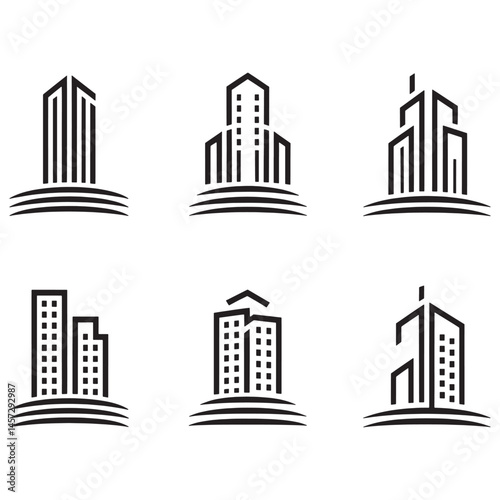 Modern Real Estate Building Icons Set, Minimalist Urban Architecture Logos