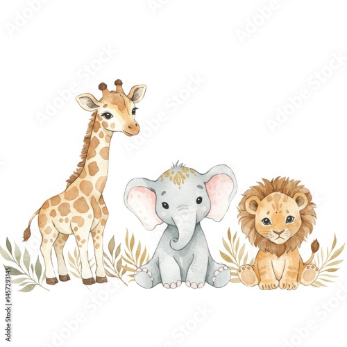 Adorable Baby Giraffe Elephant and Lion Watercolor Illustration