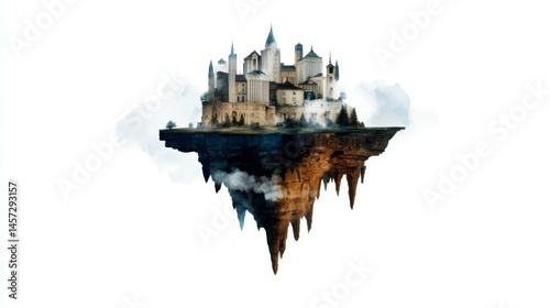 A fantastical floating castle, surrounded by clouds, representing whimsy and imagination in architecture.
