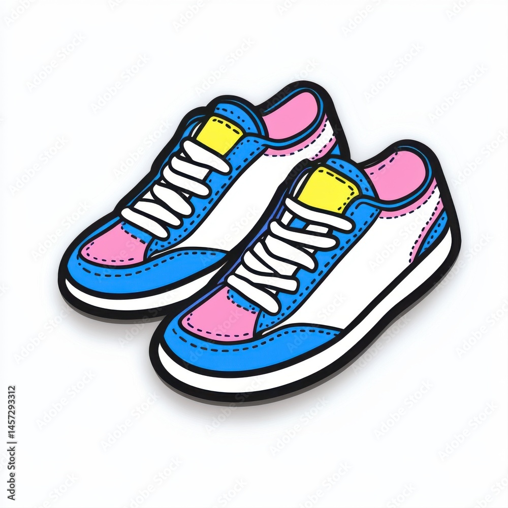 Colorful Cartoon Sneakers with Blue, Pink, and Yellow Design on White Background