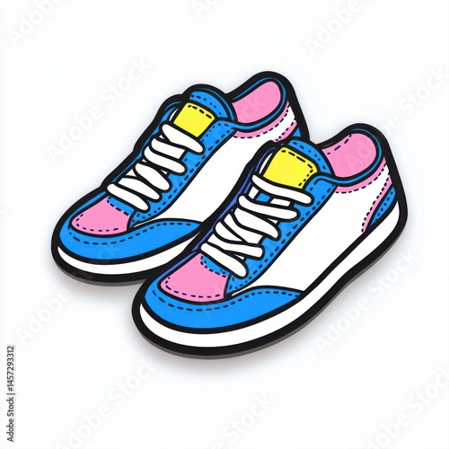 Obraz na płótnie Colorful Cartoon Sneakers with Blue, Pink, and Yellow Design on White Background w salonie