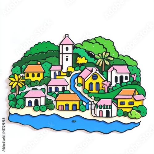 Obraz na płótnie Vibrant Coastal Village Scene with Colorful Houses and Lush Greenery w salonie
