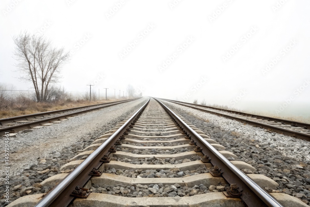 Fototapeta premium Perspective View of Railway Tracks Leading Into Foggy Distance Generative AI