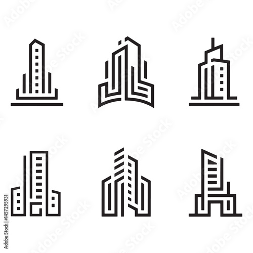 Modern Real Estate Building Icons Set, Minimalist Urban Architecture Logos