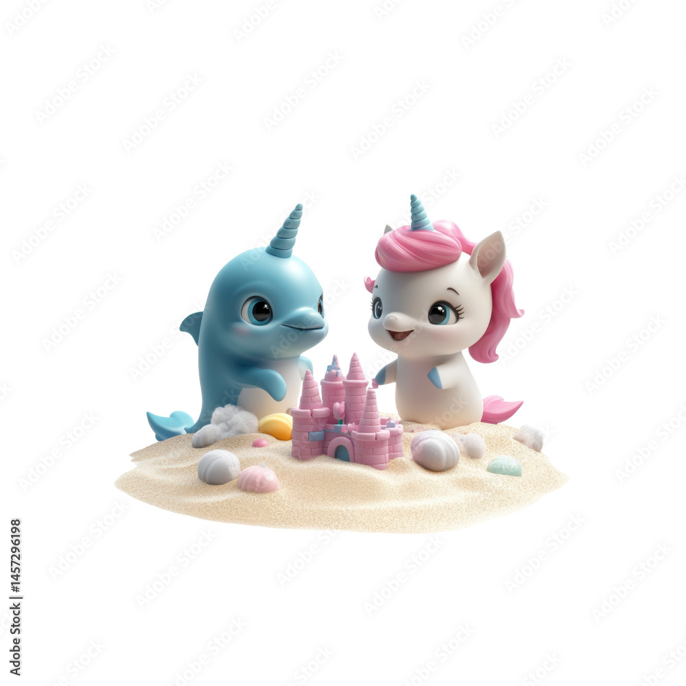 Obraz premium Adorable Unicorn and Dolphin Building a Sandcastle on the Beach