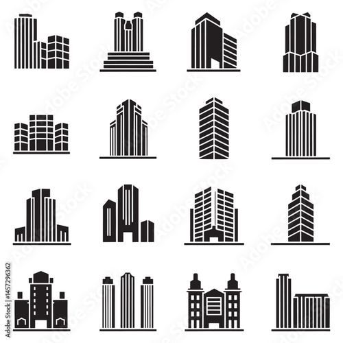 Modern Real Estate Building Icons Set, Minimalist Urban Architecture Logos