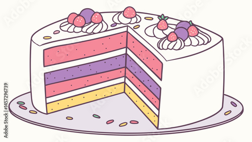 Rainbow cake slice with colorful layers and toppings  