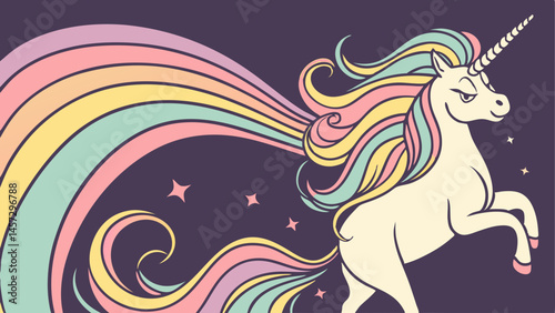 Colorful unicorn prancing with a rainbow mane on a dark background  