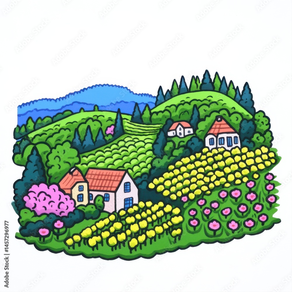 Vibrant Countryside Landscape with Rolling Hills and Colorful Flowers