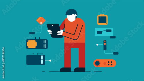 Device Disassembly A depiction of someone taking apart a broken smartphone with various internal components like circuit boards batteries and screens tered around illustrating the