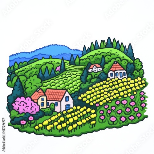 Obraz na płótnie Vibrant Countryside Landscape with Rolling Hills and Colorful Flowers w salonie