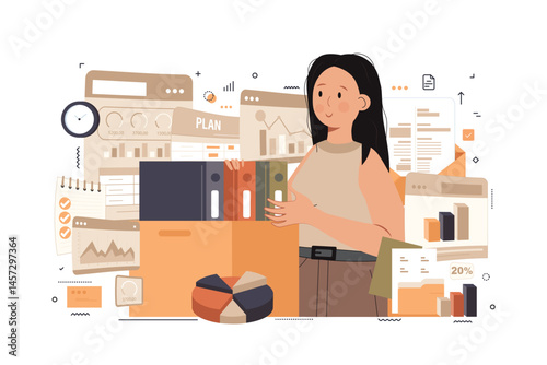 Budget bookkeeping illustration set. People doing paperwork. Characters accounting debit and credit, calculating bills and income taxes. Financial management concept. Vector illustration.