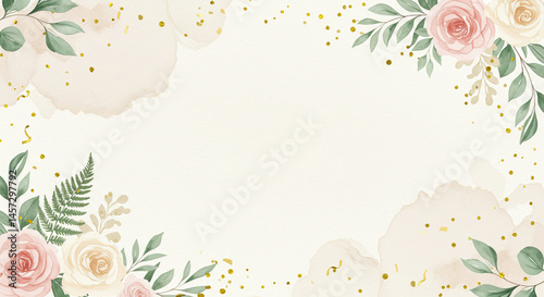 Elegant floral frame with watercolor roses and leaves for invitations or celebration design