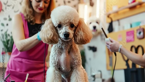 Dog groomer skillfully trims poodle in bright, cheerful pet salon setting