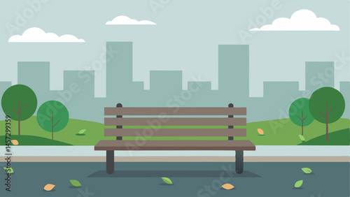 Desolate Park Bench An empty weathered park bench p on a cold concrete sidewalk with a few tered leaves and a distant view of highrises showcasing the need for more welcoming green