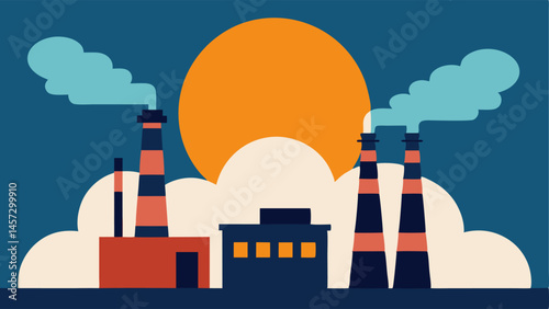 Carbon Emissions A diagram showing a power plant with chimneys producing thick swirling clouds of carbon dioxide contrasted against a fading sun.