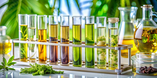A laboratory countertop displays a diverse collection of test tubes filled with colorful liquids and plant materials. Sunlight enhances the vibrant hues and scientific atmosphere