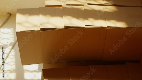 Empty cardboard boxes lie in a delivery warehouse. High quality 4k footage