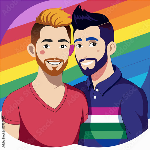 Gay couple smiling together against a rainbow background  