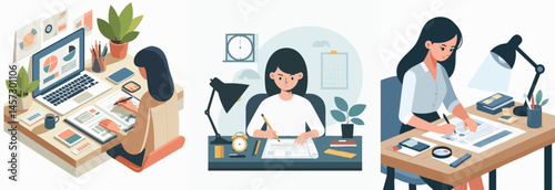 woman is compiling documents at work desk style vector flat design