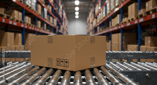 Wallpaper Mural Cardboard Box on a Conveyor Belt in a Warehouse with Overhead Lighting and Rows of Shelves Filled with Packages in a Blurred Background Torontodigital.ca