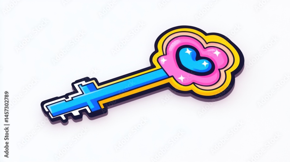 Colorful Cartoon Key Design with Heart Shape and Playful Elements