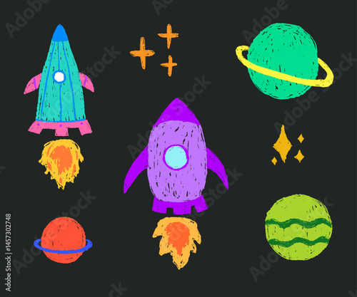 Set of space rocket with fire, planets and stars drawn with crayon brush texture