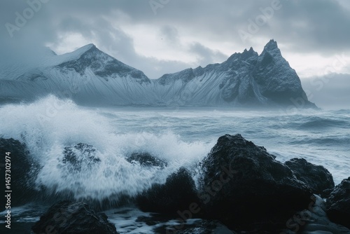 Dramatic waves crash against the rocky shore of a snow-capped mountain range under a brooding sky.