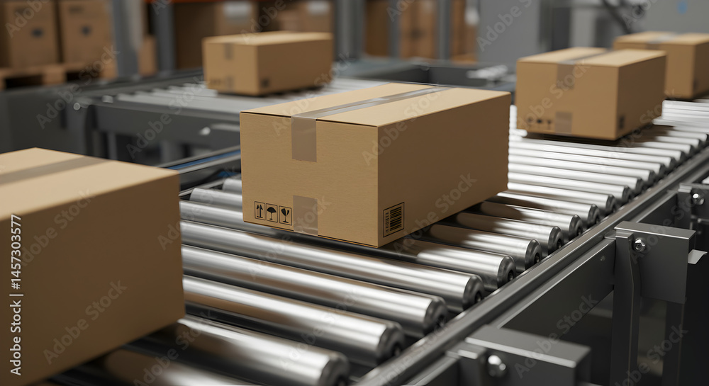 Cardboard Boxes Moving on Gray Conveyor Belt System in a Warehouse with Blurry Background Cardboard Boxes Moving on Gray Conveyor Belt System in a Warehouse with Blurry Background