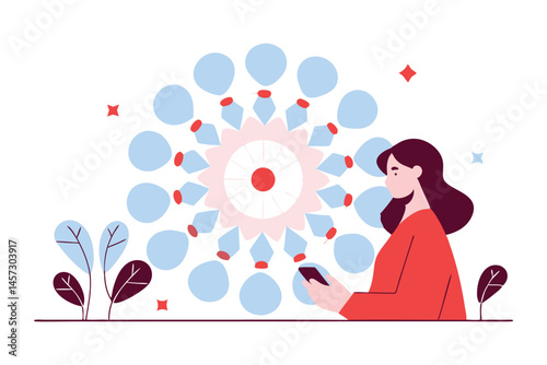 Round flowers with slight comet-tail shapes extending from each petal