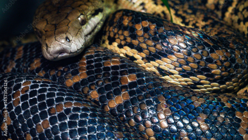 A macro shot of a snake, a madagascan tree boa, coiled, curled up and fast asleep. This dangerous constrictor reptile forms part of the tropical trails exhibits in Folly Farm Zoo, Pembrokeshire, Wales A macro shot of a snake, a madagascan tree boa, coiled, curled up and fast asleep. This dangerous constrictor reptile forms part of the tropical trails exhibits in Folly Farm Zoo, Pembrokeshire, Wales