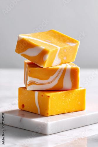 Marbled colby jack cheese slices stacked neatly on clean white surface. Bright and vibrant yellow-orange colors create an appealing arrangement
