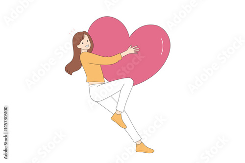 A joyful woman playfully embracing a heart symbol in a delightful and artistic pose