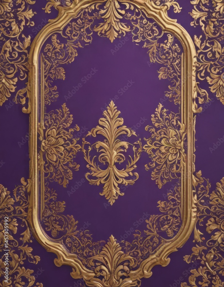 Obraz premium Intricate purple cardstock, gold foil label, damask pattern, geometric, background