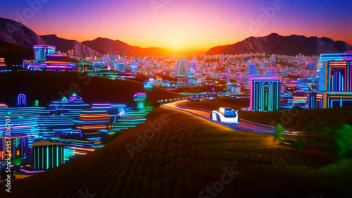 Futuristic Low-Poly City Animation in 4K with Sunset and Neon Glow