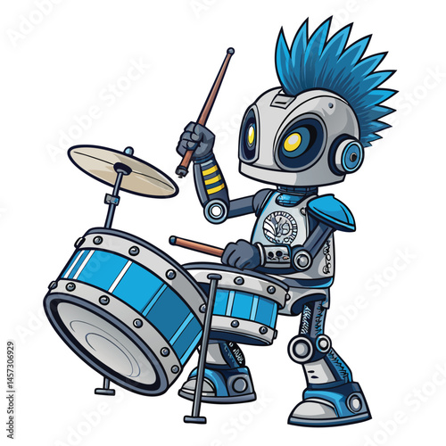 Design a futuristic robot drummer mascot for a rock band; glowing red eyes, metallic body, dynamic pose, holding drumsticks.  Include vibrant color schemes.