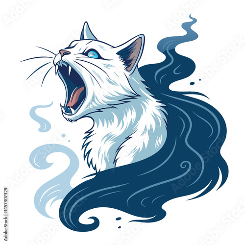 A spectral, banshee-like cat, fur bristling, emits a piercing scream into a dark, misty landscape; ethereal trails of mist surround it.