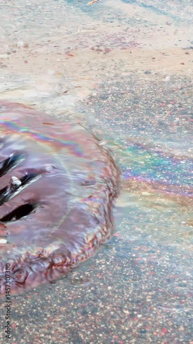 The oil slick is flushed down the rain drain