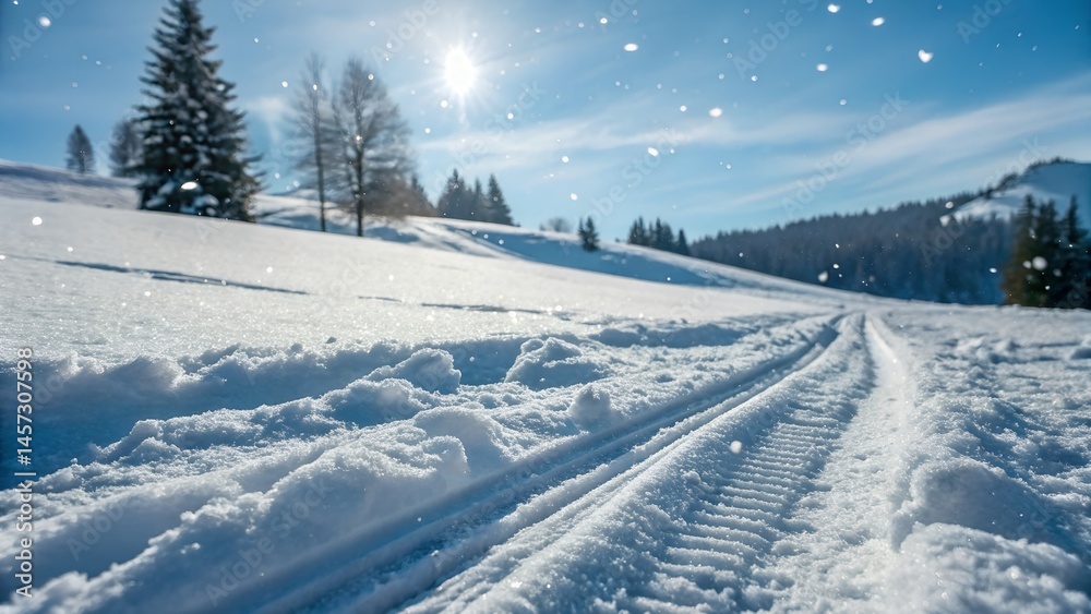 Obraz premium A bright winter scene features snow-covered rolling hills with ski or snowmobile tracks leading into a distance dotted with trees under a clear, sunny sky with falling snow