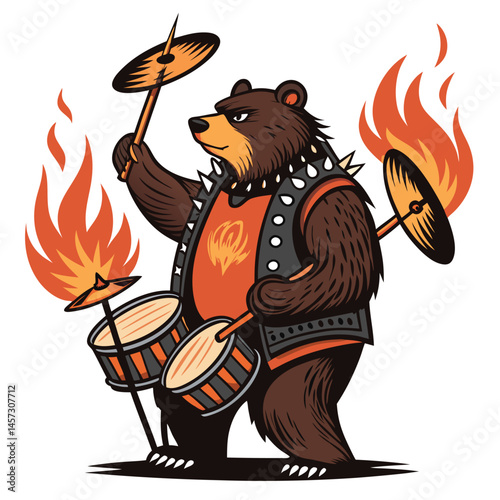 A fierce grizzly bear, wearing a studded vest, passionately drumming a flaming cymbal.  Intense expression, dynamic pose.