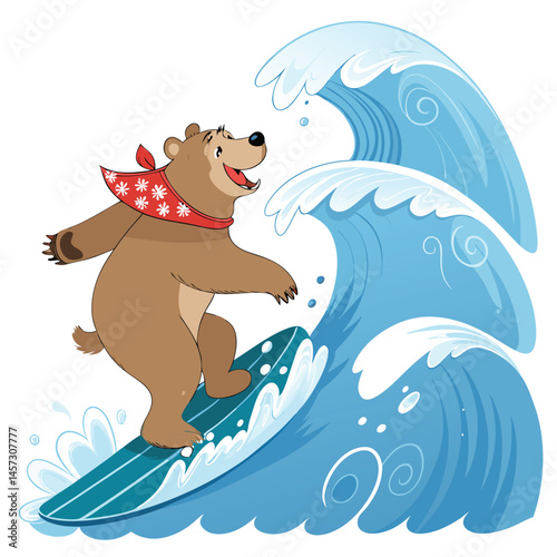 A cool brown bear wearing a bandana skillfully rides a massive icy blue wave while surfing.  Stylized, fun, cartoonish art.