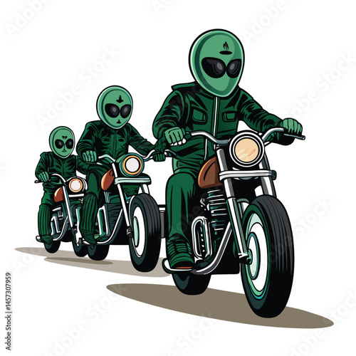 A retro-futuristic biker gang of alien creatures riding customized vintage motorcycles through a neon-lit cityscape at night.