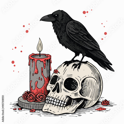 A dramatic gothic scene a black raven perched majestically on a human skull, with a flickering gothic candle casting eerie shadows.