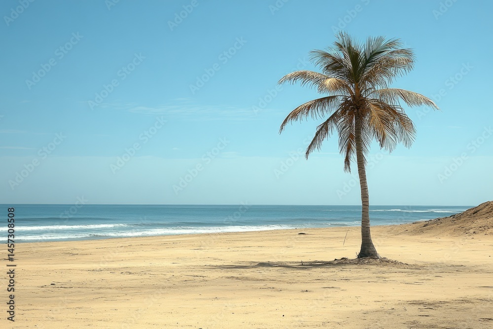 A solitary palm tree stands on a bright sunny beach A solitary palm tree stands on a bright sunny beach