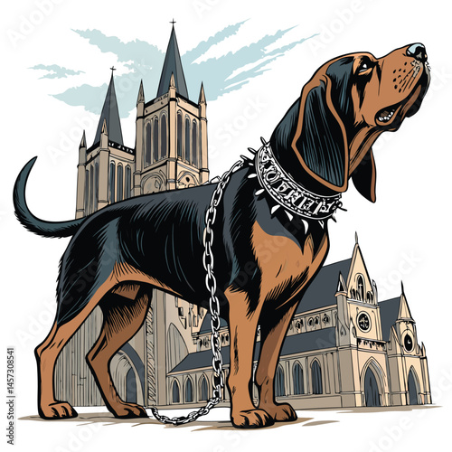 A majestic bloodhound, wearing a pentagram-shaped collar and a chained muzzle, gazes intensely.  Dark, moody lighting.